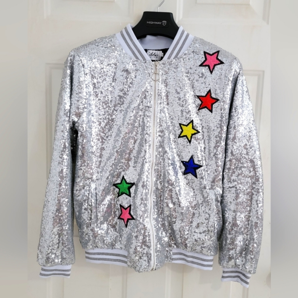 Lola + The Boys Silver Sequin Bomber Jacket with Colorful Stars, Unicorn on back